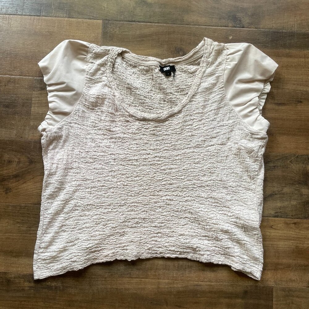 DKNY Cream Textured Puff Sleeve Blouse - Size L - Ruffle Shoulder Detail
